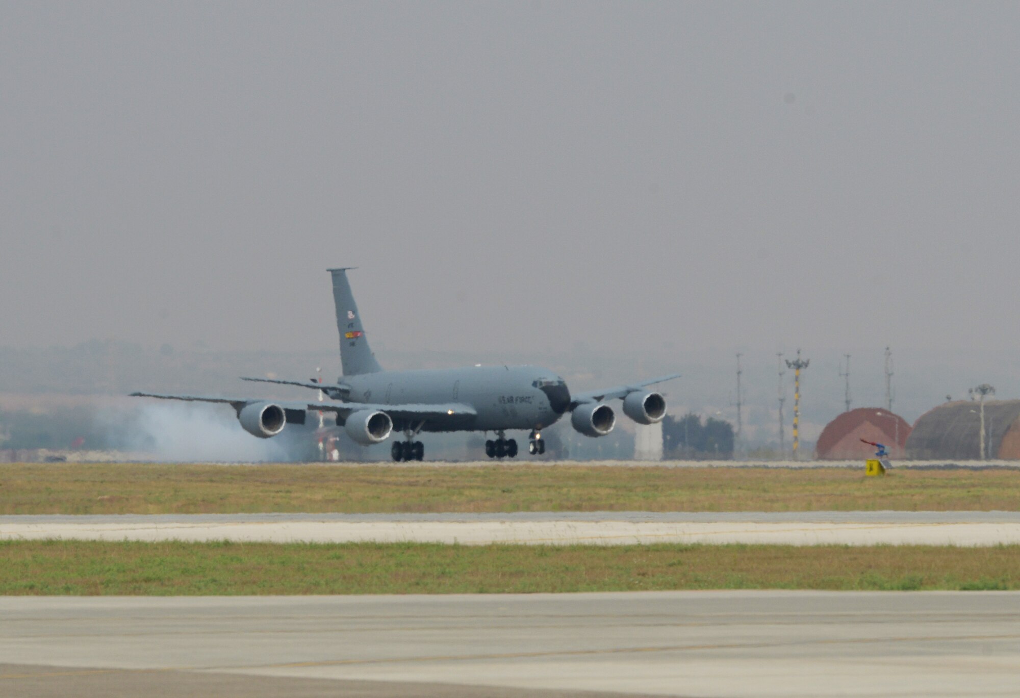 A KC-135 Stratotanker arrives at Incirlik Air Base, Turkey, Aug 10, 2015, in support of Operation Inherent Resolve. The U.S. and Turkey, as members of the 60-plus nation coalition, are committed to the fight against ISIL in pursuit of peace and stability in the region. (U.S. Air Force photo by Senior Airman Krystal Ardrey/Released