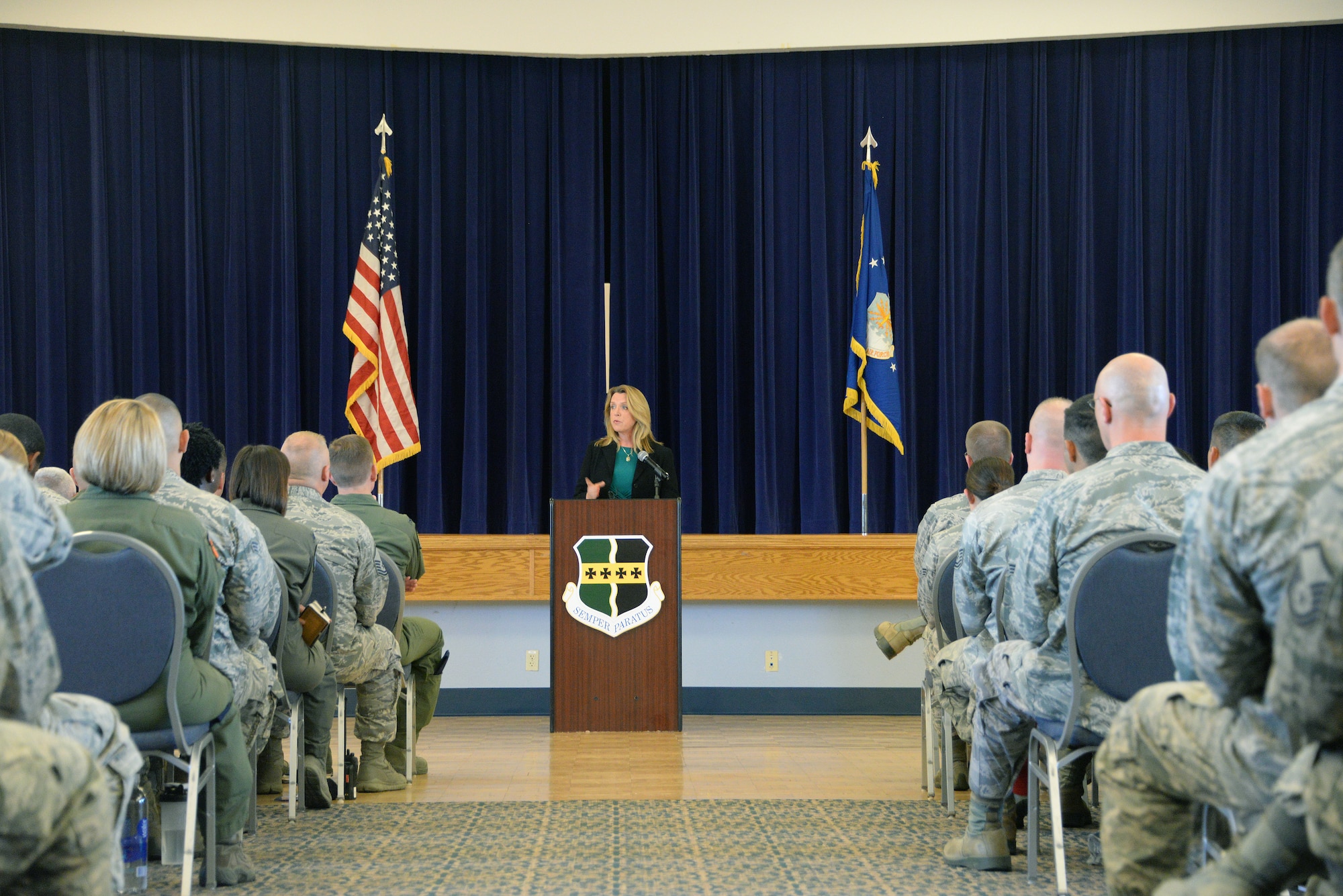 Secretary of the Air Force Deborah Lee James talks to Team Beale in an all-call at Beale Air Force Base, California, Aug. 11, 2015. James visited the base to receive a first-hand perspective of the intelligence, surveillance and reconnaissance mission and to address questions and concerns of Airmen. (U.S. Air Force photo by Robert Scott)  