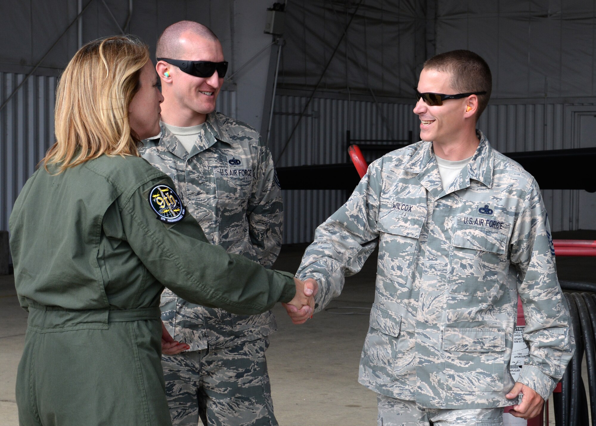 Secretary of the Air Force Deborah Lee James (left) greets Master Sgt. Jon Wilcox, 9th Aircraft Maintenance Squadron U-2 crew chief, Aug. 10, 2015, at Beale Air Force Base California. James received familiarization training on the U-2 Dragon lady before flying in the aircraft. James visited Beale to receive a first-hand perspective of high-altitude intelligence, surveillance and reconnaissance from collection to dissemination. (U.S. Air Force photo by Airman 1st Class Ramon A. Adelan)