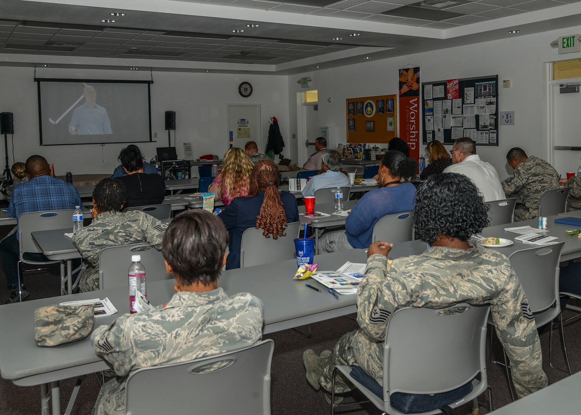 The 2015 Global Leadership Summit held Aug. 6-7 was broadcasted live from Willow Creek Church’s campus near Chicago and was streamed live in the Chapel 2 Annex. (U.S. Air Force photo by Rebecca Amber)
 
