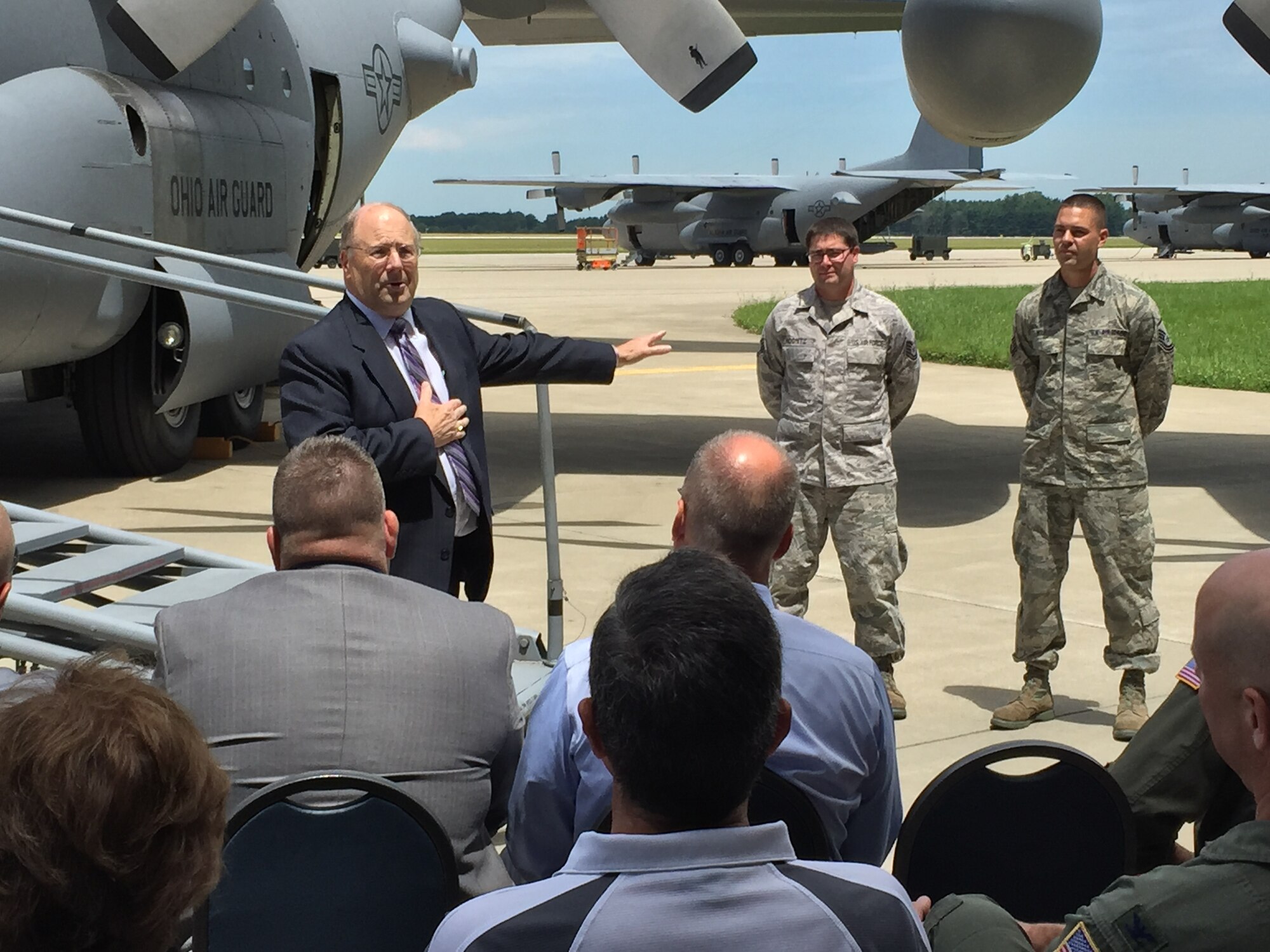 Lexington Mayor, Eugene Parkison, speaks to members of the 179th Airlift Wing, Mansfield, Ohio, gathered to christen a C-130H Hercules as "The Spirit of Lexington", July 16, 2015. Each of the eight aircraft assigned are being dedicated to supportive local communities. (courtesy photo) — at 179th Airlift Wing & 200th RED HORSE.