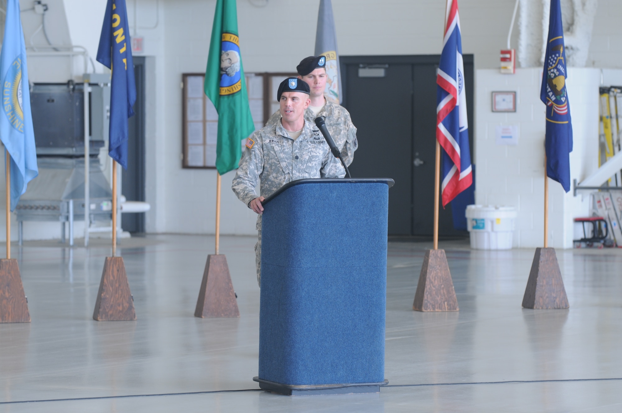 Lt. Col. Geoffrey Jeram addresses Soldiers during the 2-228th Aviation Regiment change of command ceremony on Joint Base McGuire-Dix-Lakehurst, Aug. 9, 2015. Jeram assumed command from Lt. Col. Michael Milio, and now leads one of two fixed-wing battalions in the entire Army Reserve. (U.S. Army photo by Capt. Matthew Roman)
