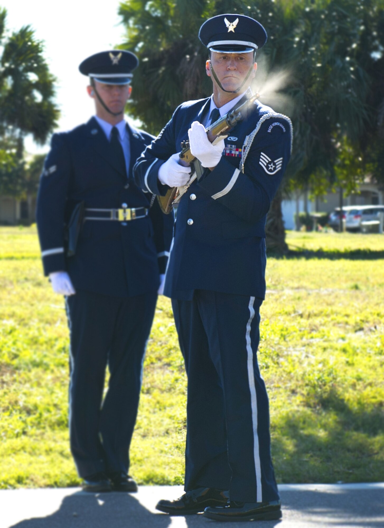 Staff Sgt. Thomas Tantius conducts firing party training as part of the Patrick AFB Honor Guard. Sergeant Tantius, now a technical sergeant, was recently named 2014 Air Force Reserve Command Honor Guard Member of the Year.Tantius is a reservist with the 920th Rescue Wing. (U.S. Air Force photo/Matthew Jurgens)