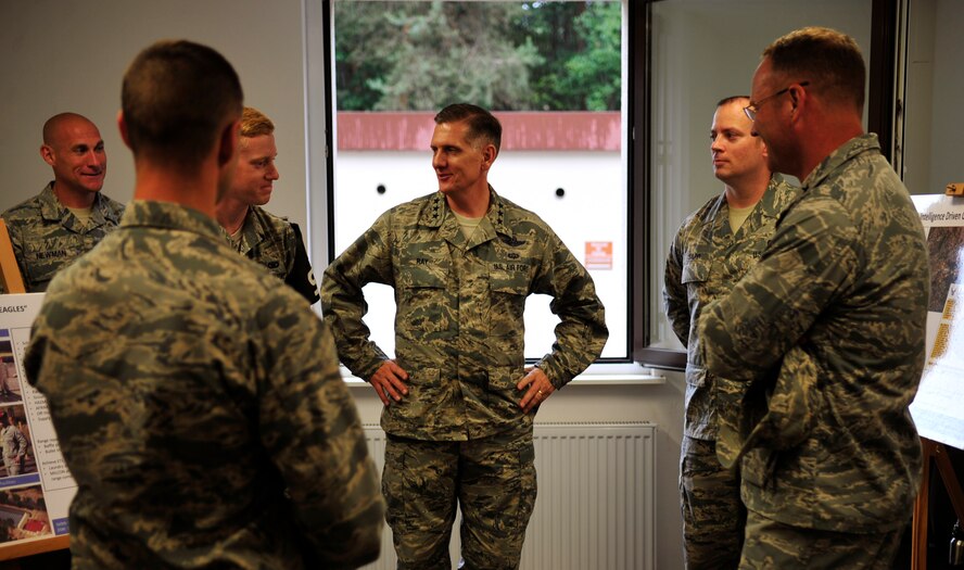Lt. Gen. Timothy M. Ray, 3rd Air Force commander, meets with 569th Security Forces Airmen during his immersion tour Aug. 4, 2015, at Ramstein Air Base, Germany. As the 3rd Air Force commander, Ray oversees all U.S. Air Forces in Europe and Air Forces Africa operations. By visiting units under the 86th AW, he was able to see the bigger picture of Ramstein’s capabilities. (U.S. Air Force photo/Airman 1st Class Larissa Greatwood)