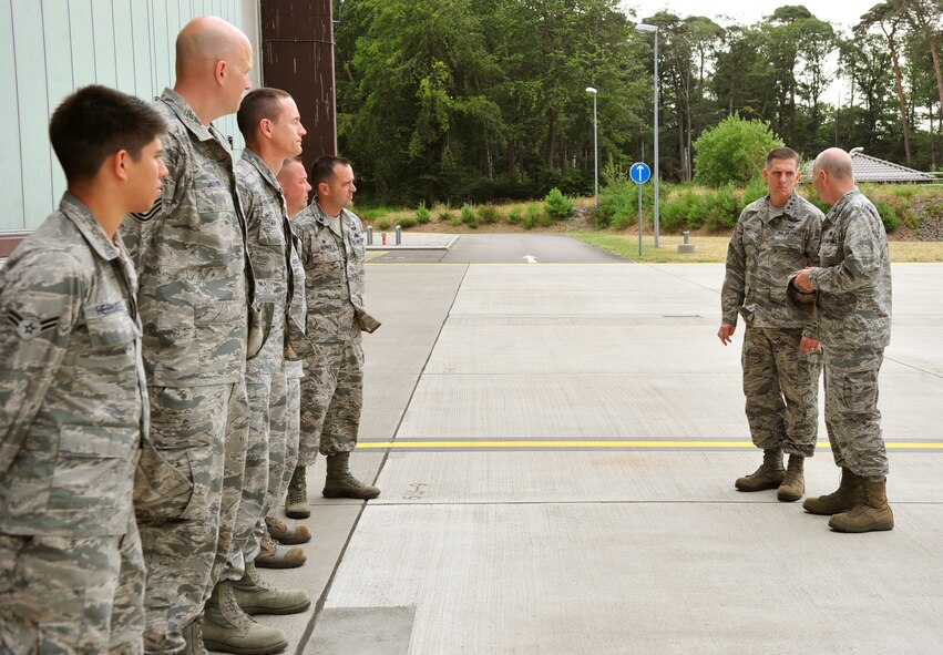 Lt. Gen. Timothy M. Ray, 3rd Air Force commander, meets with 86th Aircraft Maintenance Squadron Airmen during his immersion tour Aug. 4, 2015, at Ramstein Air Base, Germany. As the 3rd Air Force commander, Ray oversees all U.S. Air Forces in Europe and Air Forces Africa operations. By visiting units under the 86th AW, he was able to see the bigger picture of Ramstein’s capabilities. (U.S. Air Force photo/Airman 1st Class Larissa Greatwood)