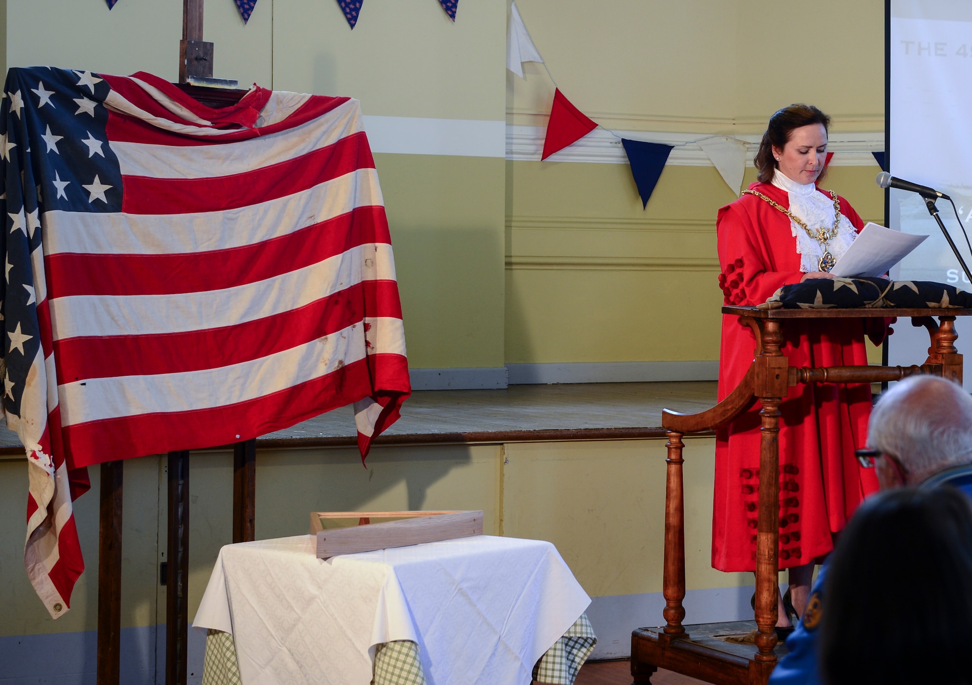 Eye Mayor, Maria Ford, speaks during a remembrance ceremony honoring the 490th Bombardment Group in Eye, England, Aug. 9, 2015. U.S. Airmen gathered in Eye along with local citizens, to commemorate the contributions of the 490th BG, who flew out of Royal Air Force Eye during World War II. (U.S. Air Force photo by Senior Airman Dawn M. Weber/Released)