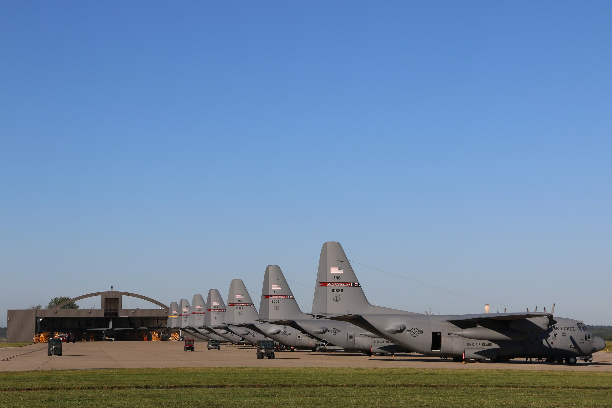 Eight C-130H Hercules fill the fleet at the 179th Airlift Wing, Mansfield, Ohio, Aug. 4, 2015. The Ohio Air National Guard unit is always on mission to respond with highly qualified citizen-airmen to execute Federal, State and community missions . (U.S. Air National Guard photo by Tech. Sgt. Joe Harwood\Released)
