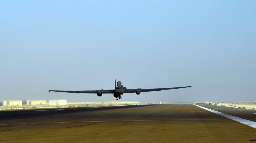 A U-2 takes off from an undisclosed location in Southwest Asia, Aug. 7, 2015. The U-2 has been conducting intelligence, surveillance and reconnaissance missions in the Air Force for nearly 60 years. In Southwest Asia, its missions support Operation Inherent Resolve, a multinational effort with a shared objective to degrade and ultimately eliminate the Islamic State in Iraq and the Levant. (U.S. Air Force photo/Tech. Sgt. Jeff Andrejcik)