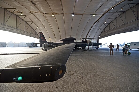 A U-2S sits in a hangar prior to takeoff at an undisclosed location in Southwest Asia, Aug. 7, 2015. The U-2 has been conducting intelligence, surveillance and reconnaissance missions in the Air Force for nearly 60 years. In Southwest Asia, its missions support Operation Inherent Resolve, a multinational effort with a shared objective to degrade and ultimately eliminate the Islamic State in Iraq and the Levant. (U.S. Air Force photo/Tech. Sgt. Jeff Andrejcik)