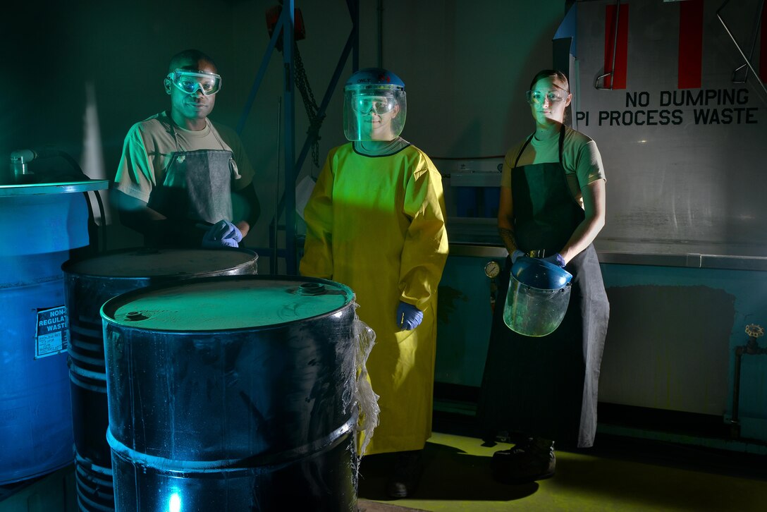 Technical Sgt. Samuel Djonorh, Staff Sgt. William Johnson and Airman 1st Class Amber Burns are Nondestructive Inspection Airmen deployed to the 379th Expeditionary Maintenance Squadron at Al Udeid Air Base, Qatar. NDI Airmen inspect for cracks and flaws on aircraft and their components, aerospace ground equipment and safety equipment.  They also test jet engine oil samples, using a variety of methods, like magnetic particle, fluorescent penetrant, eddy current, radiography, optical and ultrasonic equipment. (U.S. Air Force photo/Staff Sgt. Alexandre Montes)   