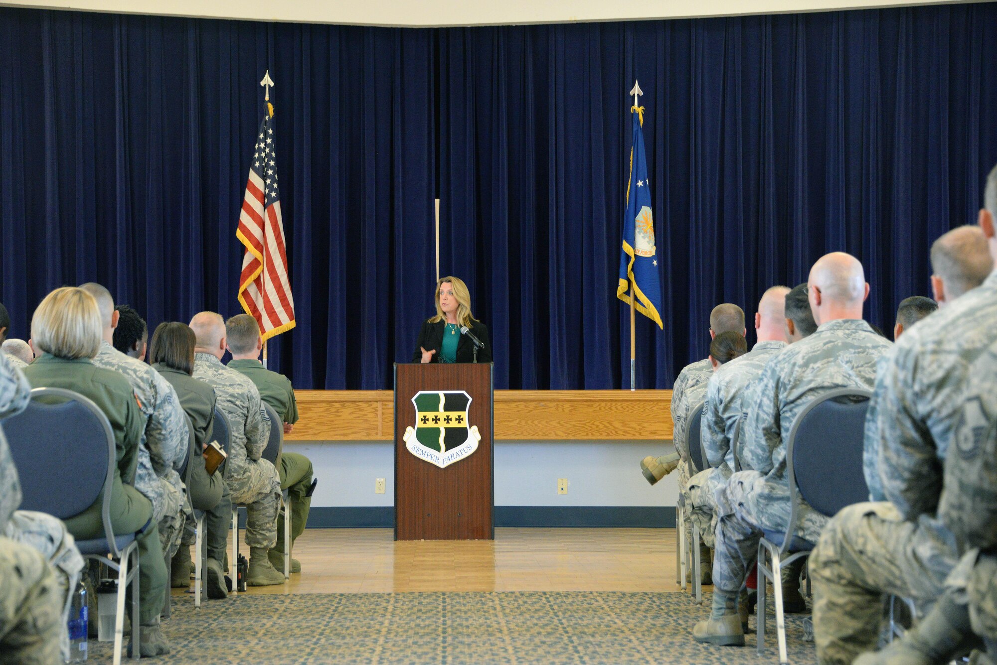 Secretary of the Air Force Deborah Lee James talks to members of Beale Air Force Base, California, during an all call at Beale Air Force Base, California, Aug. 11, 2015. James visited the base to receive a first-hand perspective of the intelligence, surveillance and reconnaissance mission and to address questions and concerns of Airmen. (U.S. Air Force photo/Robert Scott)
