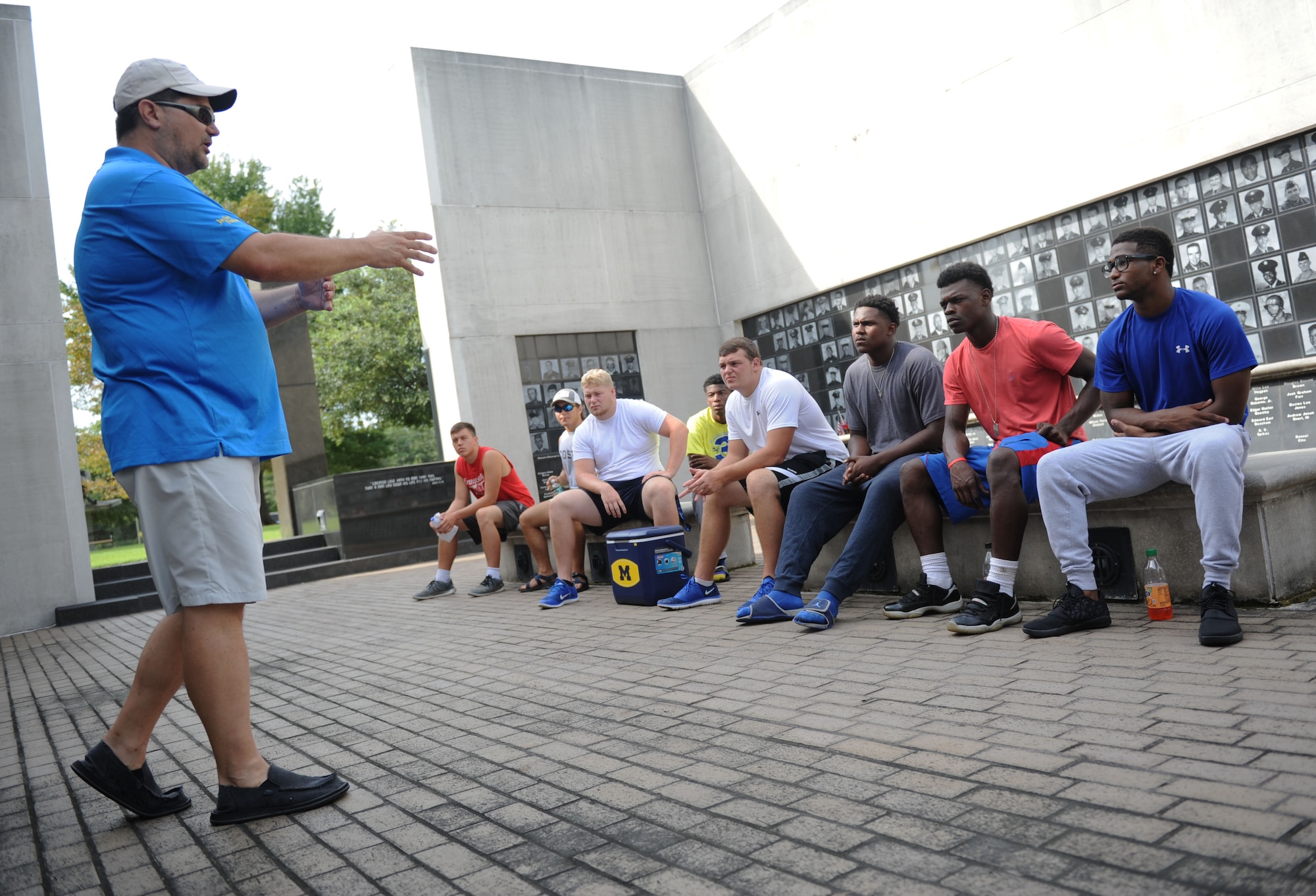 Rick Crawford, 338th Training Squadron instructor, talks about the importance of leadership with St. Martin High School senior football players during a leadership seminar Aug. 8, 2015, at the Mississippi Vietnam Veterans Memorial in Ocean Springs, Miss. The seminar was a collaboration of the St. Martin Gridiron Club and Keesler personnel, who also briefed the students on good attitudes, values, beliefs and teamwork. (U.S. Air Force photo by Kemberly Groue)