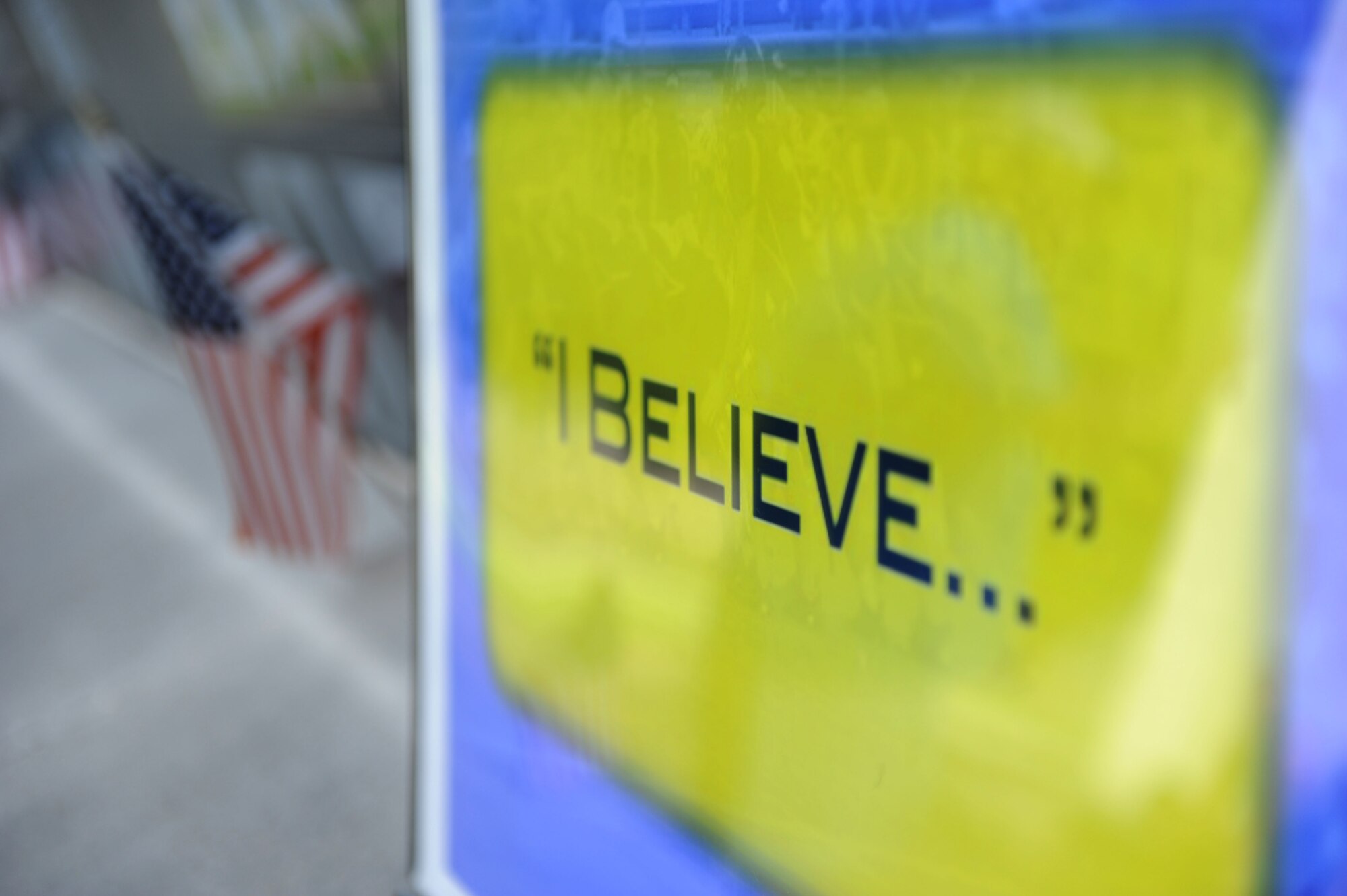 A graphic poster with the motto “I Believe….” sits on display during a leadership seminar Aug. 8, 2015, at the Mississippi Vietnam Veterans Memorial in Ocean Springs, Miss. The seminar was a collaboration of the St. Martin Gridiron Club and Keesler personnel, who briefed St. Martin High School senior football players on good attitudes, values, beliefs and teamwork. (U.S. Air Force photo by Kemberly Groue)