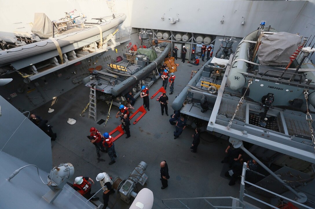 GULF OF ADEN (Aug. 9, 2015) U.S. Sailors aboard the amphibious transport dock ship USS Anchorage (LPD 23) prepare to receive supplies during a replenishment-at-sea. Anchorage is a part of the Essex Amphibious Ready Group and, with the embarked 15th Marine Expeditionary Unit, is deployed in support of maritime security operations and theater security cooperation efforts in the U.S. 5th Fleet area of operations. (U.S. Marine Corps photo by Sgt. Steve H. Lopez/ Released)