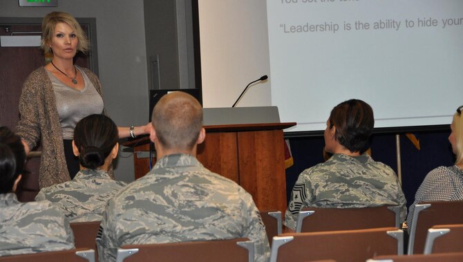 Christine Lynn, Air Reserve Personnel Center workforce development manager, addresses the audience Aug. 13, 2015, during ARPC’s August leadership seminar at the ARPC headquarters building on Buckley Air Force Base, Colo. (U.S. Air Force photo/Tech. Sgt. Rob Hazelett) 