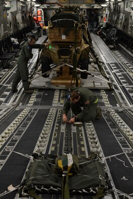 Staff Sgt. Andrew Wagner(right) and Senior Airman Brock Wranik, 7th Airlift Squadron C-17 Globemaster III loadmasters, prepare for air-drop operations Aug. 6, 2015, at March Air Reserve Base during a Joint Operation Access Exercise . Wagner and Wranik assisted with air dropping three light all-terrain vehicles from the 82nd Airborne Division as well as later in the mission delivering two Strykers from the 7th Infantry Division. (U.S. Air Force photo\ Staff Sgt. Tim Chacon)