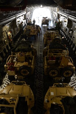 Airmen from the 62nd Airlift Wing and Soldiers from the 82nd Airborne Division load Army MRZR light all-terrain vehicles onto a C-17 Globemaster III Aug. 4, 2015 at March Air Reserve Base, Cali., for a Joint Operation Access Exercise . The 62nd AW Airmen inserted the vehicles and Soldiers to the National Training Center at Fort Irwin, Calif. (U.S. Air Force photo\ Staff Sgt. Tim Chacon)