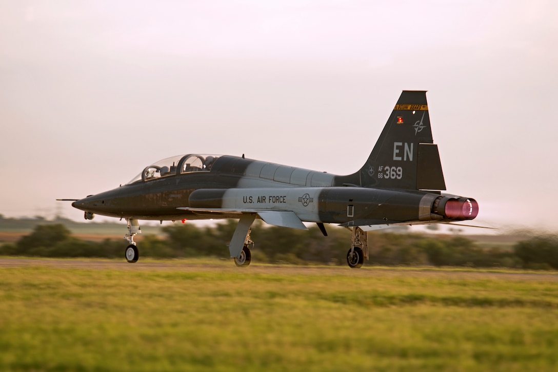 Pilots from the 80th Flying Training Wing taxi down the runway for an initial takeoff in a T-38 Talon Aug. 11, 2015, at Sheppard Air Force Base, Texas. Once students in the Euro-NATO Joint Jet Pilot Training program complete undergraduate pilot training, all graduates, regardless of their nationality, will receive U.S. wings as a rated pilot. (U.S. Air Force photo by Danny Webb/Released)