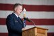 Lt. Col. Ralph Baker, 940th Aerospace Medicine Squadron commander thanks his family and friends for joining him at a ceremony where he assumed command of the squadron from Col. John Trnka, Jr., 940th Wing commander Aug. 2, 2015 at Dock 6, Beale Air Force Base, Calif. Trnka also shared his appreciation for the numerous attendees witnessing the military tradition.  (U.S. Air Force photo by Staff Sgt. Brenda Davis/Released)