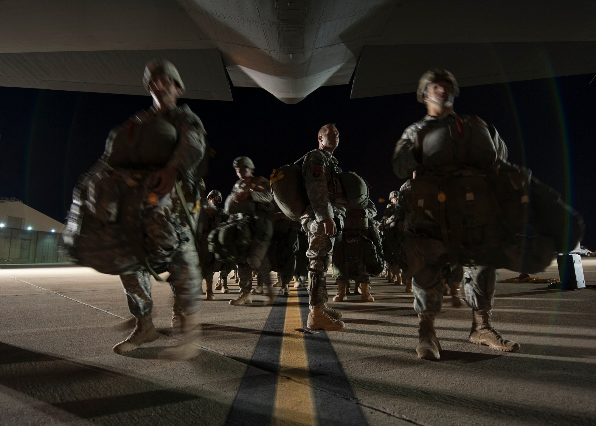 Troops from the Army’s 2nd Brigade Combat Team, 82nd Airborne Division board a C-130J Aug. 6, 2015, at March Air Reserve Base, Calif. The C-130J carried more than 50 paratroopers during Operation Dragon Spear. (U.S. Air Force photo by Senior Airman Scott Poe)