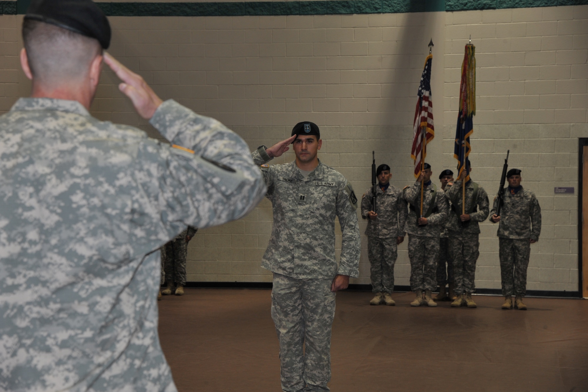 U.S. Army Lt. Col. Thomas W. Bamford, 2nd Battalion, 210th Aviation Regiment incoming commander, left, salutes Col. John L. Smith, 128th Aviation Brigade commander, during the 2-210th Avn. Reg. change of command ceremony at Fort Eustis, Va., Aug. 7, 2015. Bamford is gaining command from Lt. Col. Heather E. Weigner, who was commissioned into the aviation branch as a distinguished Reserve Officers’ Training Corps graduate. (U.S. Army photo by Rodney Speed/Released)