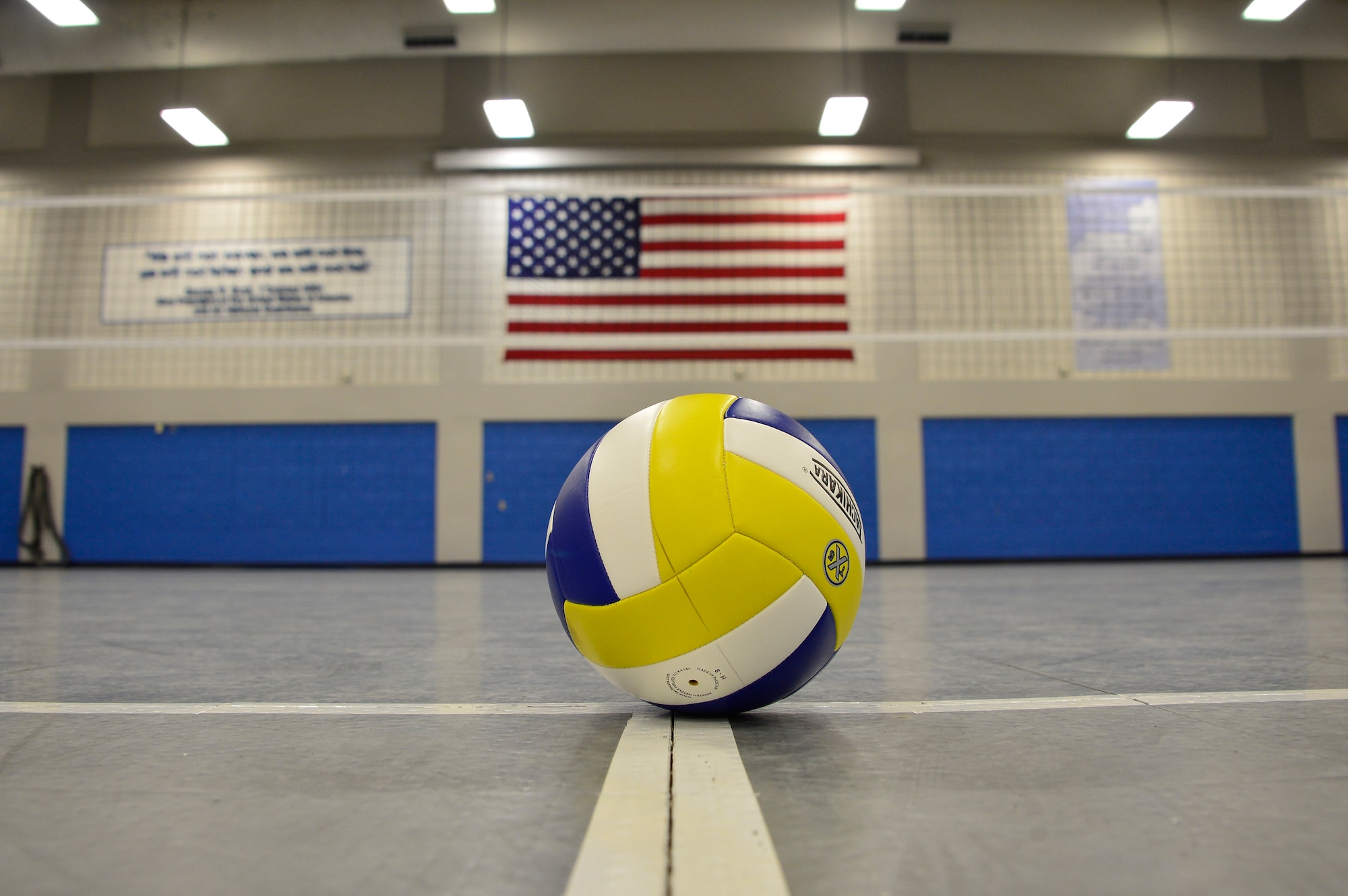 MCGHEE TYSON AIR NATIONAL GUARD BASE, Tenn. -A volleyball sits on the courts in Wilson Hall here, August 10, 2015, at the I.G. Brown Training and Education Center before the start of a 3-game series between members of Airman leadership school class 15-7 and TEC staff members.  (U.S. Air National Guard photo by Master Sgt. Jerry D. Harlan/Released)