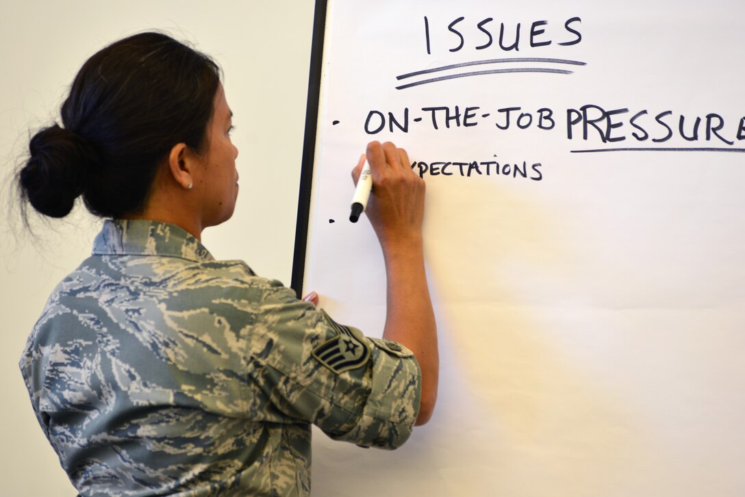 U.S. Air National Guard Staff Sgt. Linda French, 146th Airlift Wing chaplain’s assistant, writes down issues military women face, during the Women Warrior Luncheon at Langley Air Force Base, Va., Aug. 12, 2015. Luncheon participants discussed work-related concerns like the pressure of expectations and maintaining fitness standards during and after pregnancy. (U.S. Air Force photo by Senior Airman Aubrey White/Released)