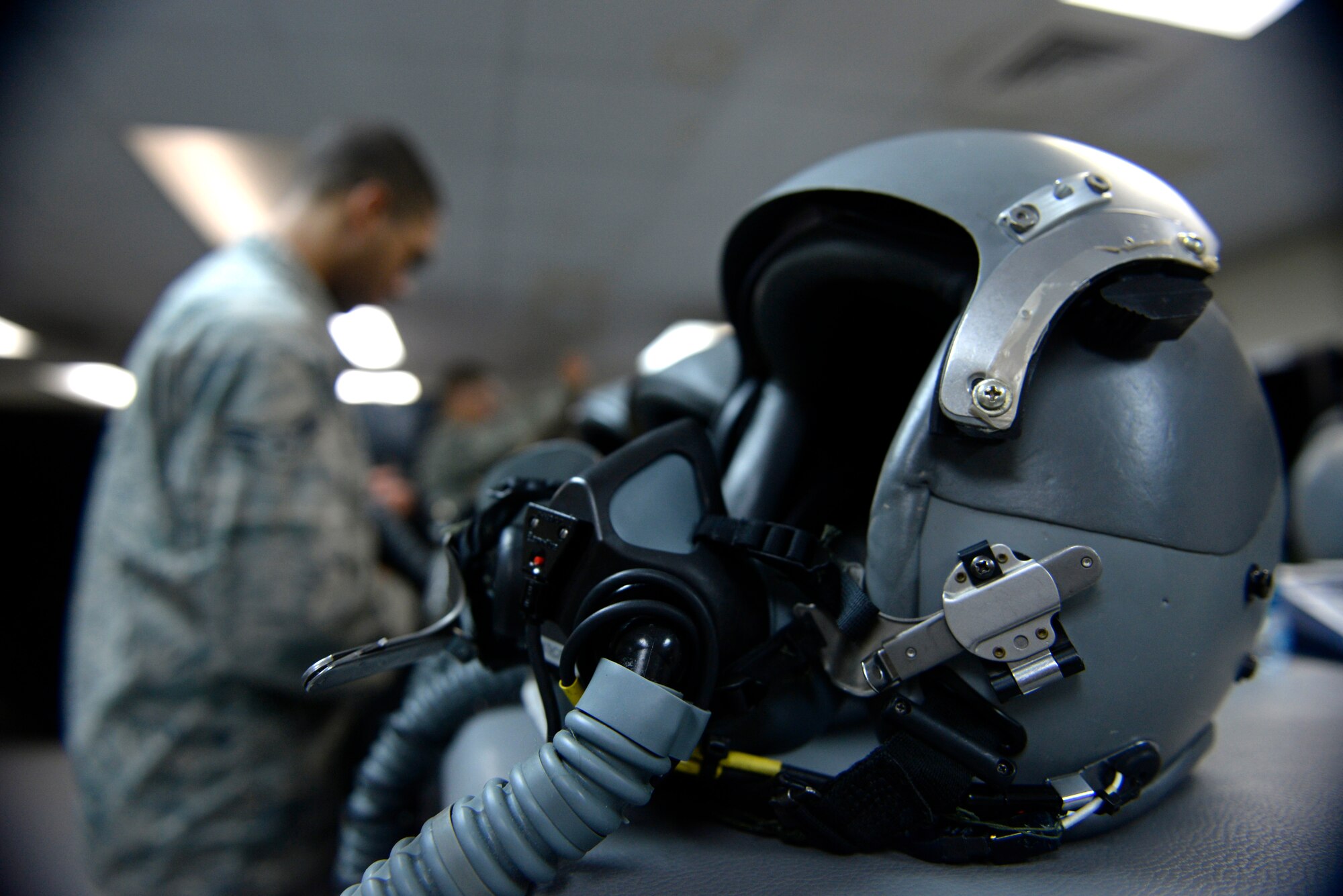 Airman 1st Class Michael Banks, 20th Expeditionary Bomb Squadron aircrew flight equipment specialist, disinfects B-52 Stratofortress aircrew helmets Aug. 12, 2015, at Andersen Air Force Base, Guam. After every flight AFE technicians clean and maintain essential life support equipment in preparation for the next mission. (U.S. Air Force photo by Staff Sgt. Alexander W. Riedel/Released)