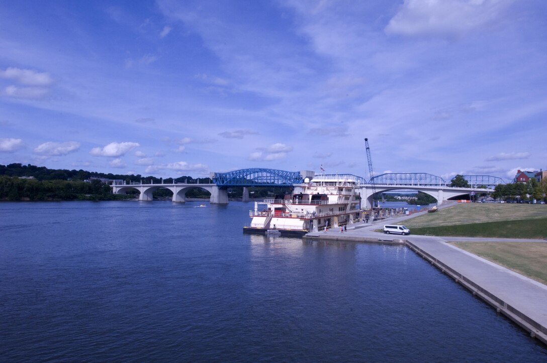 The Motor Vessel Mississippi is docked at Ross's Landing in Chattanooga, Tenn., Aug. 7, 2015. The M/V Mississippi spends more than 90 percent of its time as a working towboat, moving barges, equipment and supplies on the lower Mississippi River.  The M/V Mississippi, built in 1993 by Halter Marine, is the fifth Army Corps of Engineers towboat to bear the name.  It is the largest diesel towboat in the United States at 241-feet long, 58-feet wide and five stories high.  Three 2,100-horsepower diesel engines power the vessel.