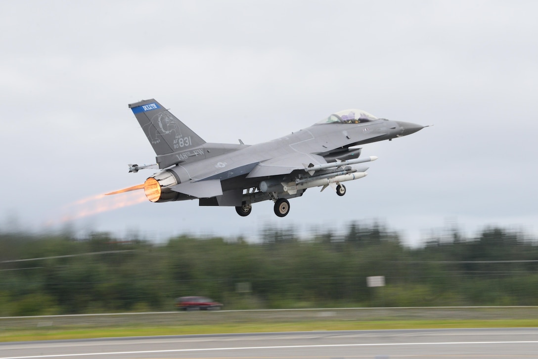 An F-16 Fighting Falcon assigned to the 179th Fighter Squadron at Duluth Air National Guard Base, Minn., takes off from Eielson Air Force Base, Alaska, Aug. 10, 2015, during Red Flag-Alaska 15-3. RF-A is a series of Pacific Air Forces field training exercises for U.S. and partner nation forces, providing combined offensive counter-air, interdiction, close air support and large force employment training in a simulated combat environment. (U.S. Air Force photo/Senior Airman Ashley Nicole Taylor)