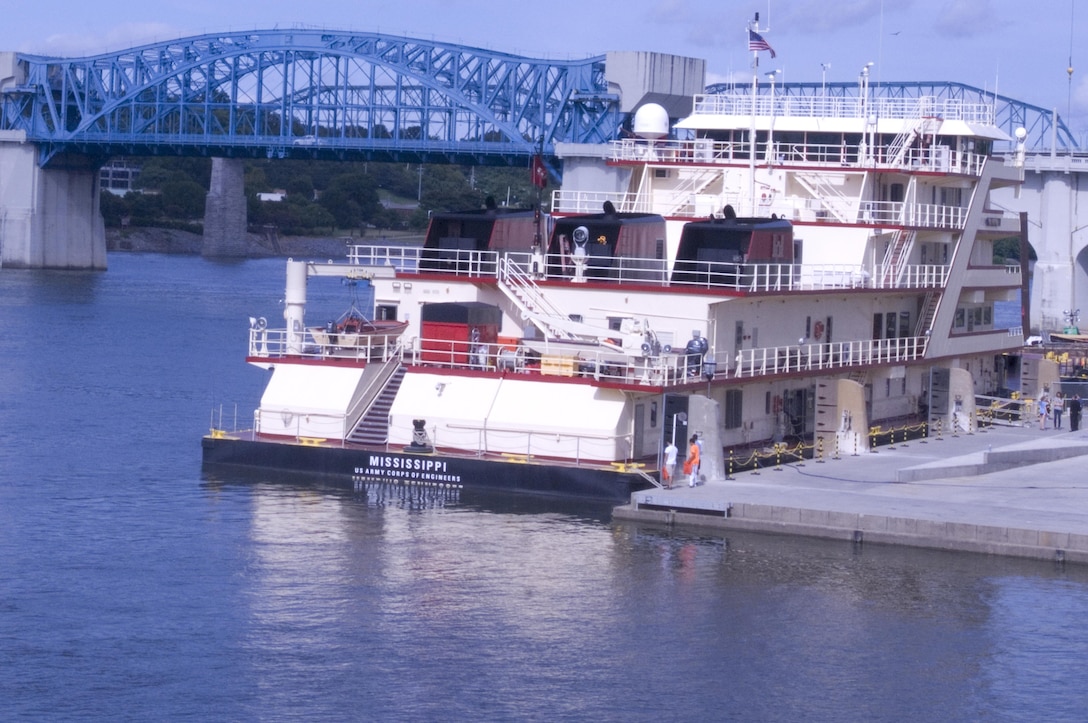 The Motor Vessel Mississippi is docked at Ross's Landing in Chattanooga, Tenn., Aug. 7, 2015. The M/V Mississippi spends more than 90 percent of its time as a working towboat, moving barges, equipment and supplies on the lower Mississippi River.  The M/V Mississippi, built in 1993 by Halter Marine, is the fifth Army Corps of Engineers towboat to bear the name.  It is the largest diesel towboat in the United States at 241-feet long, 58-feet wide and five stories high.  Three 2,100-horsepower diesel engines power the vessel.
