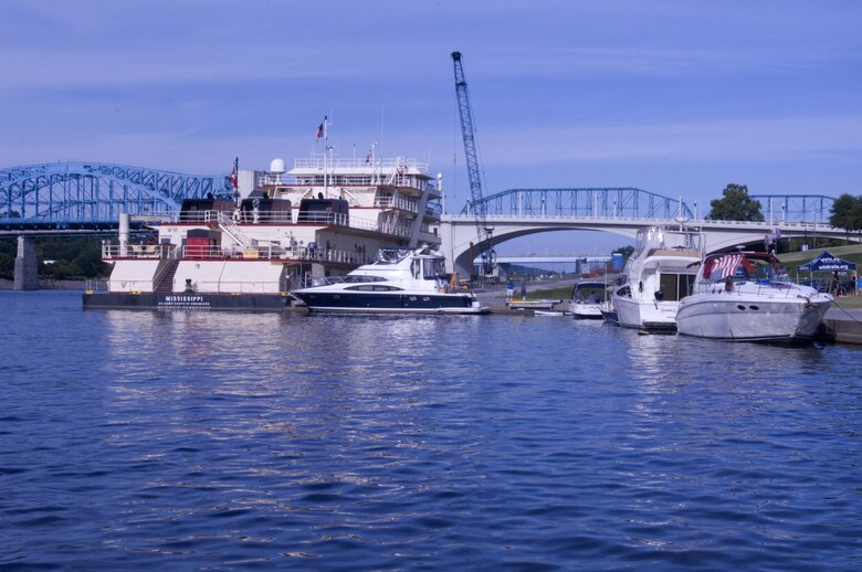 The Motor Vessel Mississippi is docked at Ross's Landing in Chattanooga, Tenn., Aug. 8, 2015. The M/V Mississippi spends more than 90 percent of its time as a working towboat, moving barges, equipment and supplies on the lower Mississippi River.  The M/V Mississippi, built in 1993 by Halter Marine, is the fifth Army Corps of Engineers towboat to bear the name.  It is the largest diesel towboat in the United States at 241-feet long, 58-feet wide and five stories high.  Three 2,100-horsepower diesel engines power the vessel. The vessel is the U.S. Army Corps of Engineers’ largest diesel towboat and flagship to the Mississippi River Commission, which is inspecting Corps of Engineers projects along the Tennessee River as part of the commission’s annual low water inspection trip.