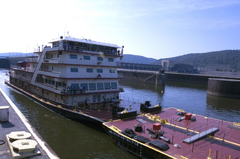 Motor Vessel Mississippi departs Guntersville Lock in Grant, Ala., the morning of Aug. 9, 2015.  The lock, which is located at Tennessee River Mile 349, is maintained and operated by the U.S. Army Corps of Engineers Nashville District.  The vessel is transporting the Mississippi River Commission, which is conducting a low water inspection of the Tennessee River.