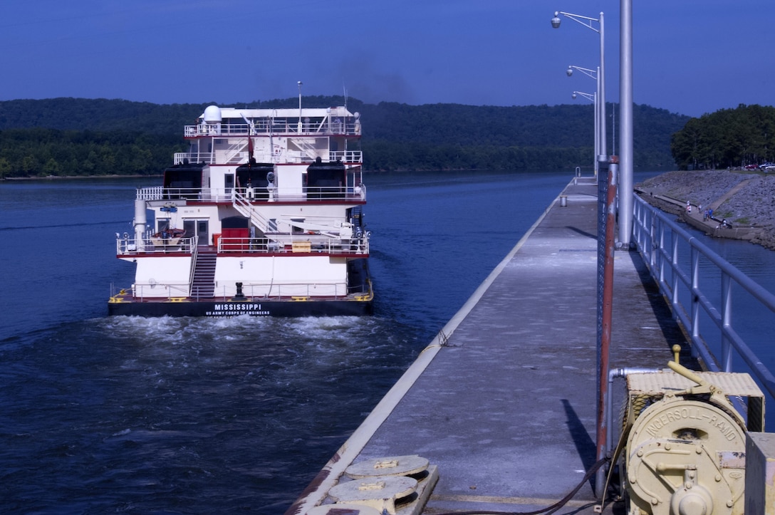 Motor Vessel Mississippi departs Guntersville Lock in Grant, Ala., the morning of Aug. 9, 2015.  The lock, which is located at Tennessee River Mile 349, is maintained and operated by the U.S. Army Corps of Engineers Nashville District.  The vessel is transporting the Mississippi River Commission, which is conducting a low water inspection of the Tennessee River.