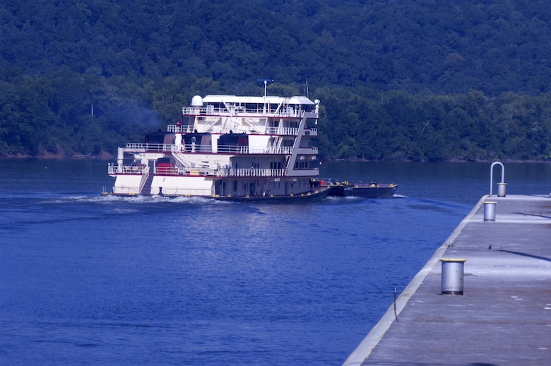 Motor Vessel Mississippi heads down the Tennessee River after leaving Guntersville Lock in Grant, Ala., the morning of Aug. 9, 2015.  The lock, which is located at Tennessee River Mile 349, is maintained and operated by the U.S. Army Corps of Engineers Nashville District.  The vessel is transporting the Mississippi River Commission, which is conducting a low water inspection of the Tennessee River.