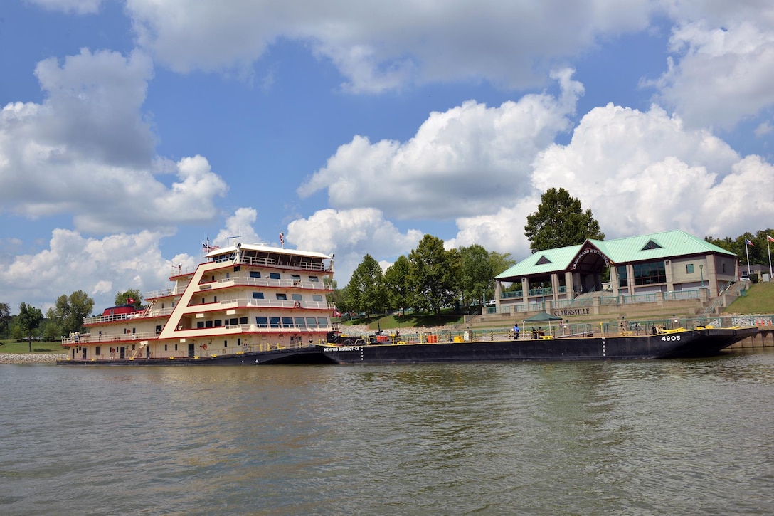 The Motor Vessel Mississippi is docked at McGregor Park in Clarksville, Tenn, Aug. 11, 2015 during a stop along the Cumberland River. The vessel is the U.S. Army Corps of Engineers’ largest diesel towboat and flagship to the Mississippi River Commission, which is inspecting Corps of Engineers projects along the Cumberland River as part of the commission’s annual low water inspection trip. The general duties of the MRC include the recommendation of policy and work flood control, navigation, and environmental projects on the Mississippi River, programs, the study of and reporting on the necessity for modifications to and conducting semiannual inspection trips and public hearings at various locations along the river. The work of the MRC is directed by its president and carried out by Army engineer districts from the watershed.