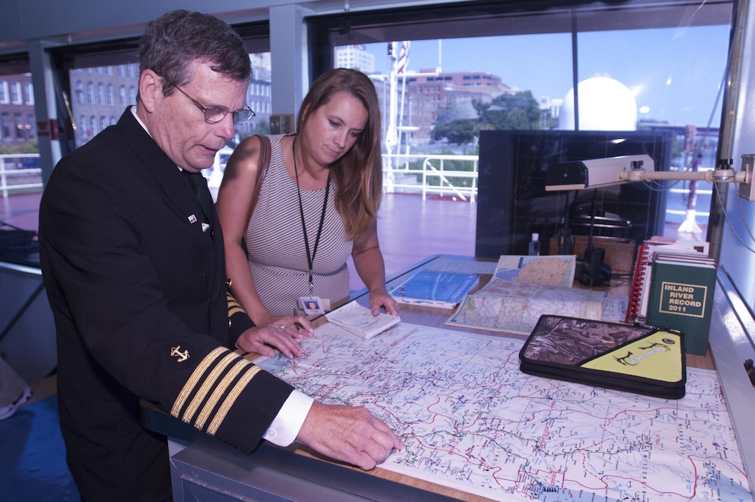 Motor Vessel Mississippi Capt. Lee Hendrix shows Tennessean Reporter Natalie Alund where the vessel traveled down the Tennessee River, through the Barkley Canal, and down the Cumberland River to Nashville, Tenn., during a low water inspection being conducted by the Mississippi River Commission. Aug. 12, 2015. 