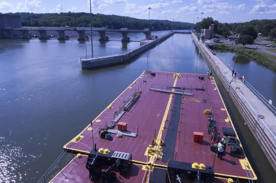 The Motor Vessel Mississippi arrives with a group of stakeholders at Cheatham Lock and Dam in Ashland City, Tenn., Aug. 12, 2015.  The stakeholders were onboard to interact with the Mississippi River Commission in the process of conducting a low water inspection of the Cumberland River.