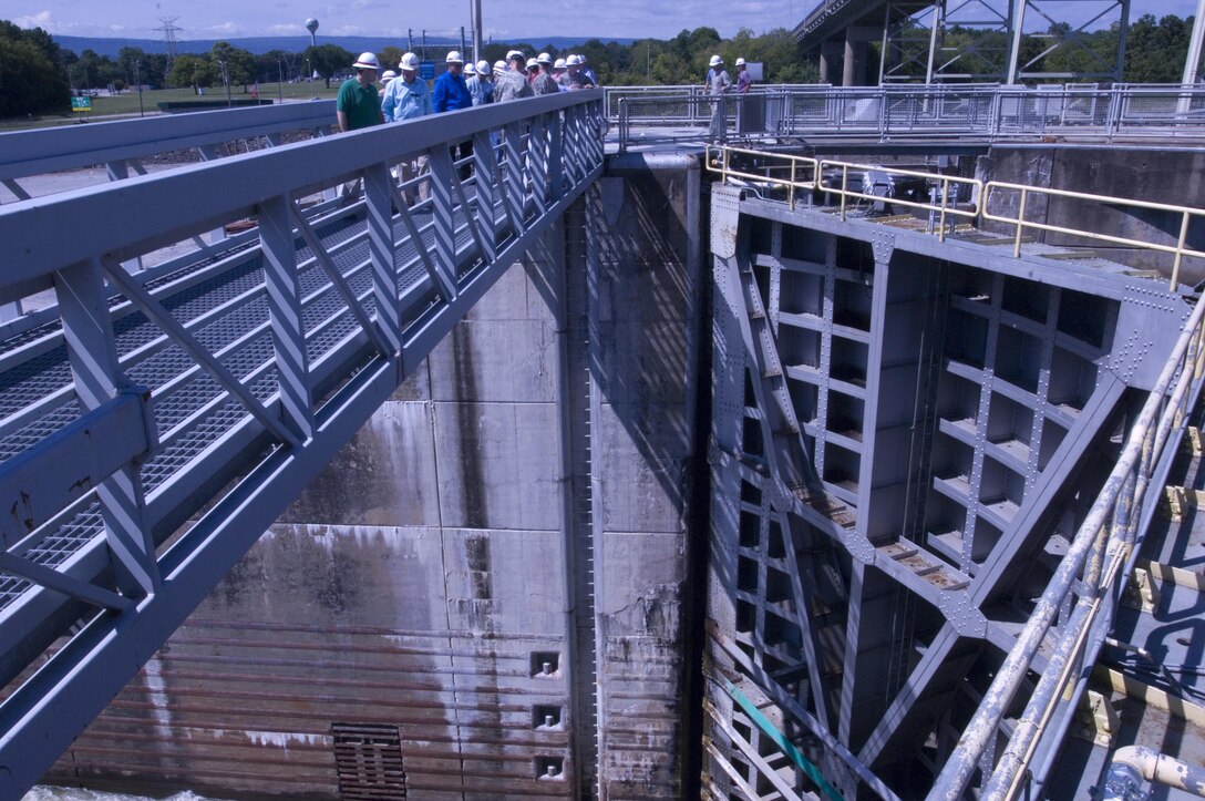 The Mississippi River Commission, Corps of Engineers officials and local stakeholders tour the Chickamauga Lock Chattanooga, Tenn., Aug. 8, 2015.  The commission is on a low water inspection of the Tennessee River.