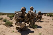 U.S. Marines with Company B, 1st Battalion, 3rd Marine Regiment, provide security for a Battalion Assault Course during an Integrated Training Exercise (ITX) at Marine Corps Air Ground Combat Center Twentynine Palms, Calif., Aug. 11, 2015. ITX is conducted to enhance the integration and warfighting capability from all elements of the Marine Air Ground Task Force. (U.S. Marine Corps photo by Lance Cpl. Clarence A. Leake/Released)