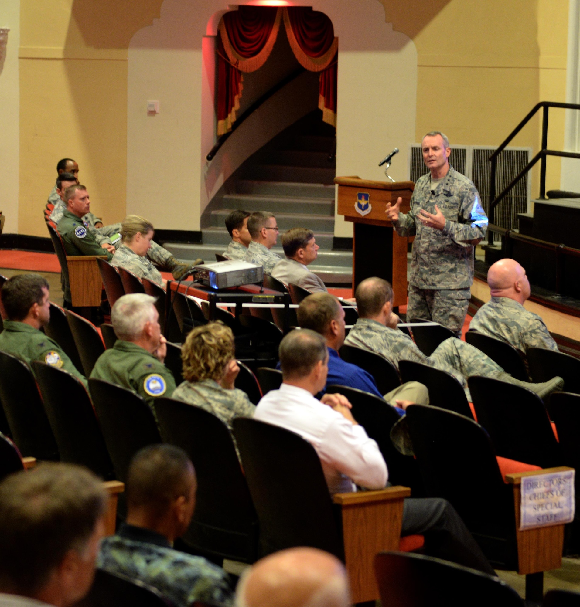 Lt. Gen. Darryl Roberson, commander of Air Education and Training Command, talks about his priorities for AETC during his first commander’s call at Joint Base San Antonio-Randolph, Texas, Aug. 13, 2015. Roberson took command of AETC on July 21, 2015. (U.S. Air Force photo by Tech. Sgt. Joshua Strang)