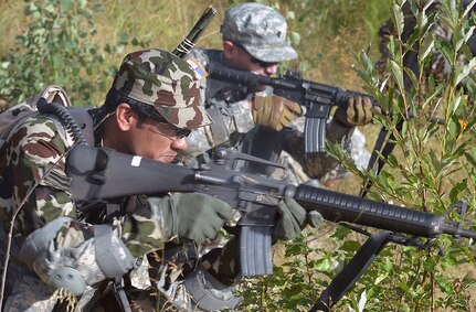 JOINT BASE ELMENDORF-RICHARDSON, Alaska (Aug. 12, 2015) - A Nepalese soldier fights alongside a U.S. Army Alaska specialist during an exercise during the Warrior Leader Course (WLC). The WLC, hosted at the Sergeant First Class Christopher R. Brevard Noncommissioned Officer Academy on JBER, is a month-long, hard-hitting and intensive course that teaches the basic skills to lead small groups of Soldiers and advance to the rank of sergeant. The student exchange is an ongoing part of USARAK's collaboration with Nepal as part of the Regional Partnership Program, which is designed to enhance interoperability for a variety mission sets across the Pacific theater. 