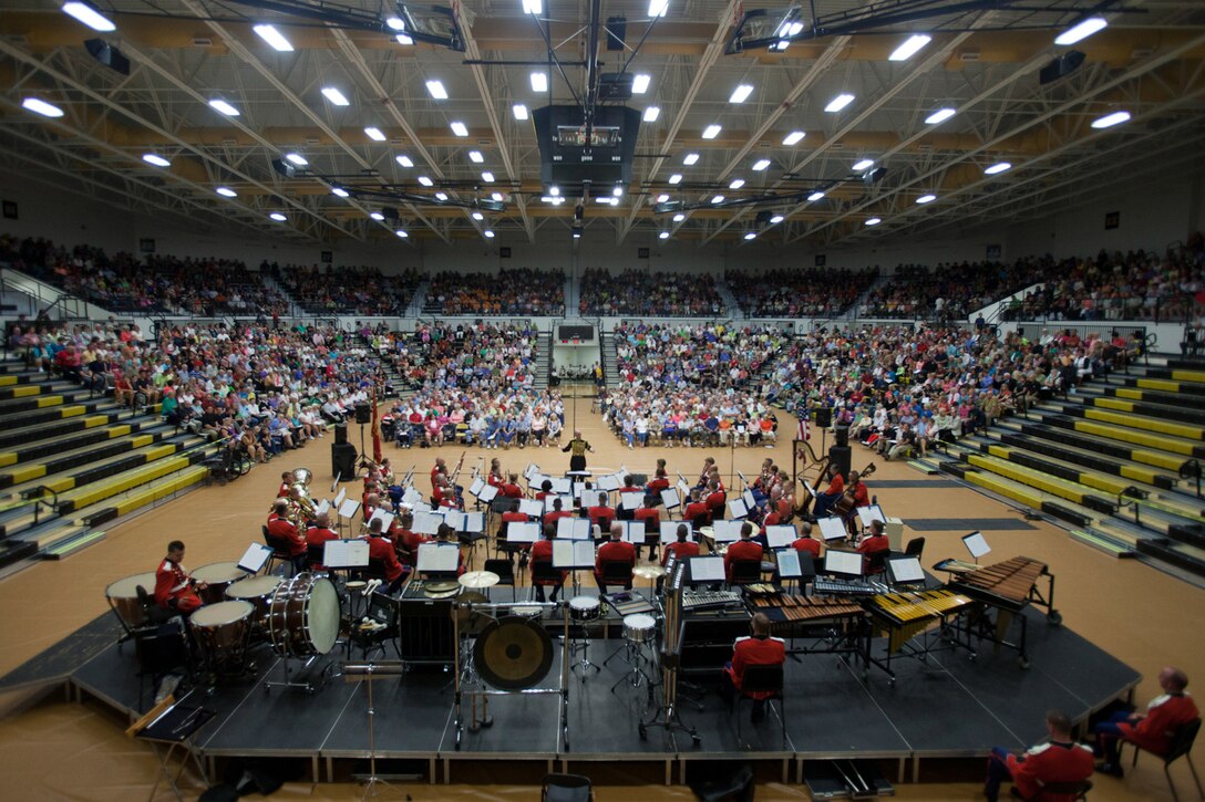On Sept. 6, 2014, the Marine Band performed at Jasper High School in Indiana while on its National Concert Tour. Hometowner and Jasper High School alum Gunnery Sgt. Brad Weil performed Kenny Baker's "Virtuosity" as a soloist. Photo credit Caitlin O'Hara/The Herald