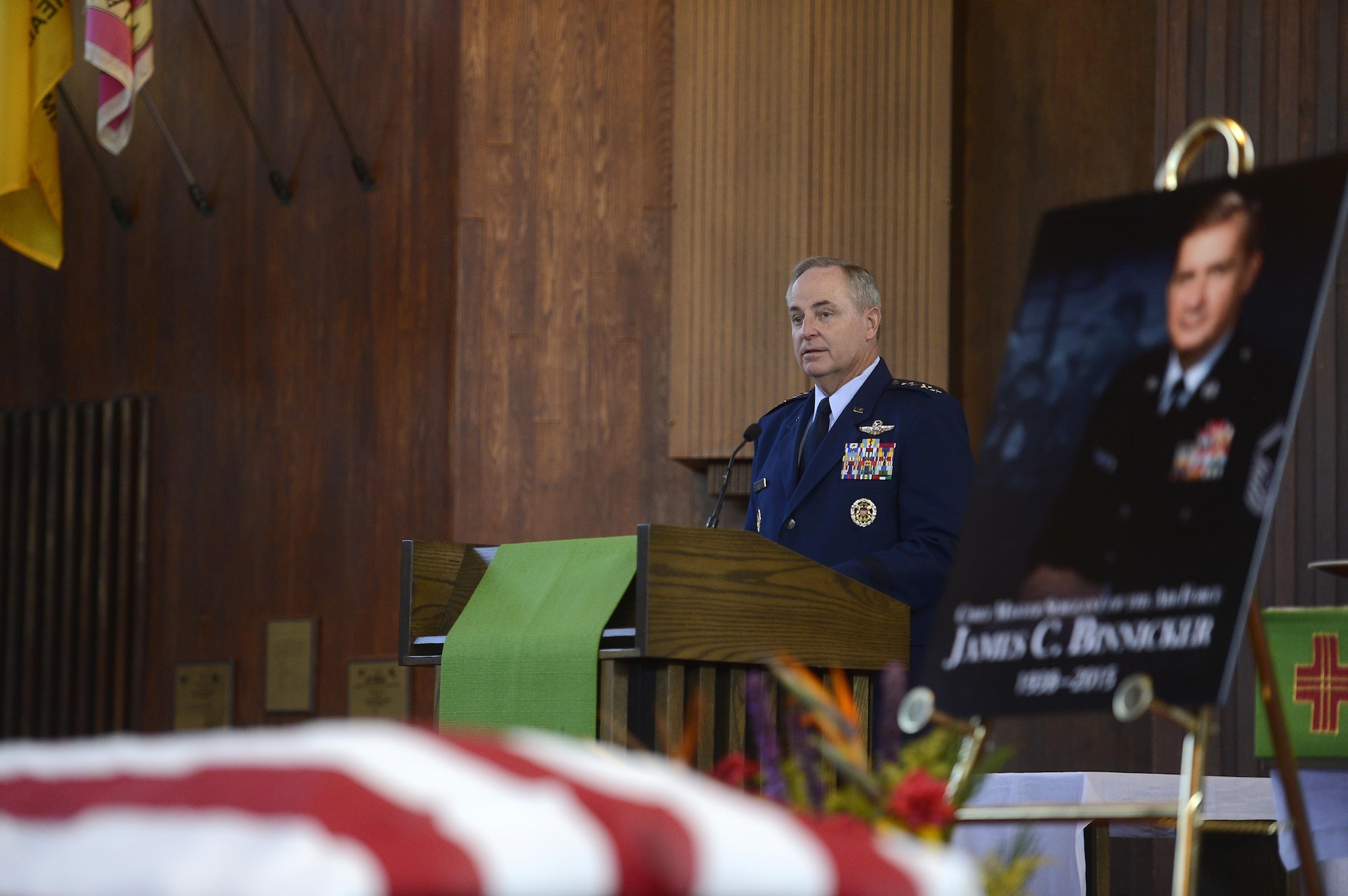 Air Force Chief of Staff Gen. Mark A. Welsh III speaks during the memorial service in honor of ninth Chief Master Sgt. of the Air Force James C. Binnicker, before he is laid to rest in Arlington National Cemetery, Va., Aug. 14, 2015. Binnicker passed away March 21 in Calhoun, Ga. (U.S. Air Force photo/Scott M. Ash)