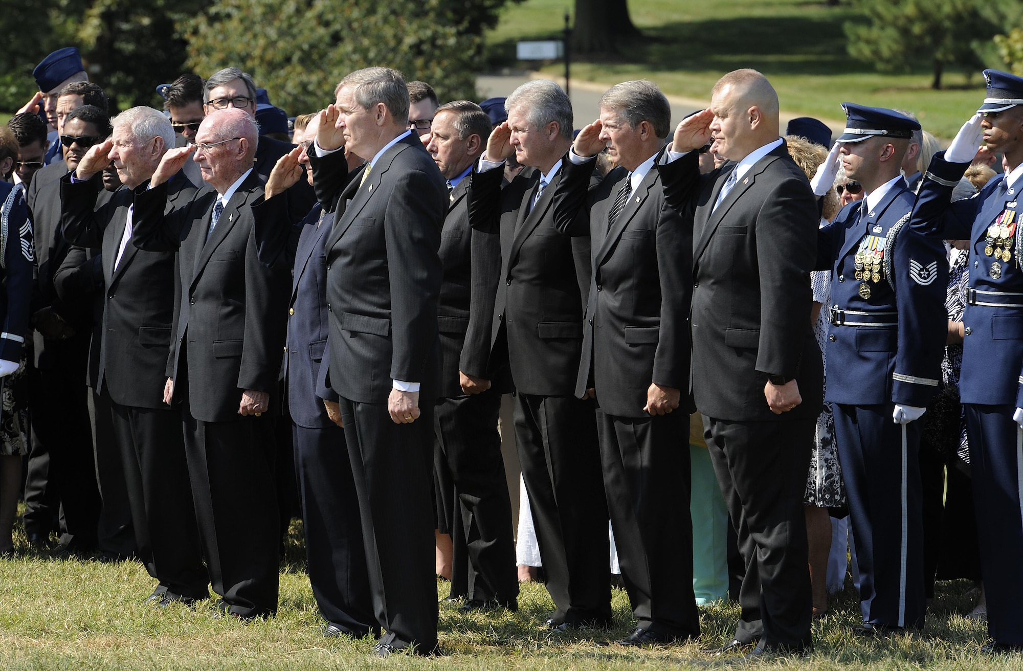 A group of former chief master sergeants of the Air Force attend the funeral for ninth Chief Master Sgt. of the Air Force James Binnicker in Arlington National Cemetery, Va., Aug. 14, 2015. Binnicker passed away March 21 in Calhoun, Ga. (U.S. Air Force photo/Tech. Sgt. Dan DeCook)