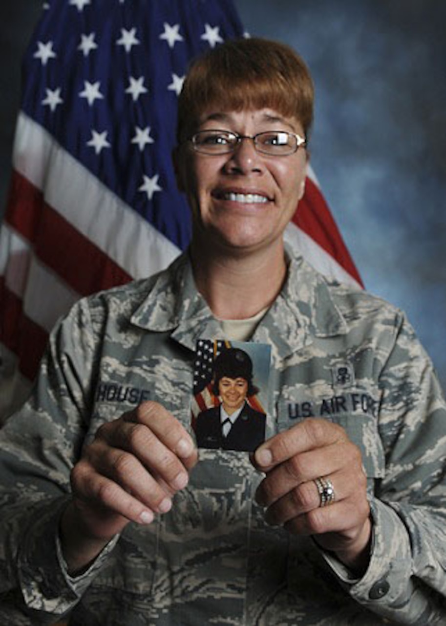 Air Force Chief Master Sgt. Tracey House, 28th Medical Group superintendent, shares a photo of herself taken as a new airman shortly after completing basic military training. Needing some structure in her life, House decided to join the U.S. Air Force in October 1989. She says it was one of the best decisions she has made in her life. U.S. Air Force photo by Senior Airman Anania Tekurio