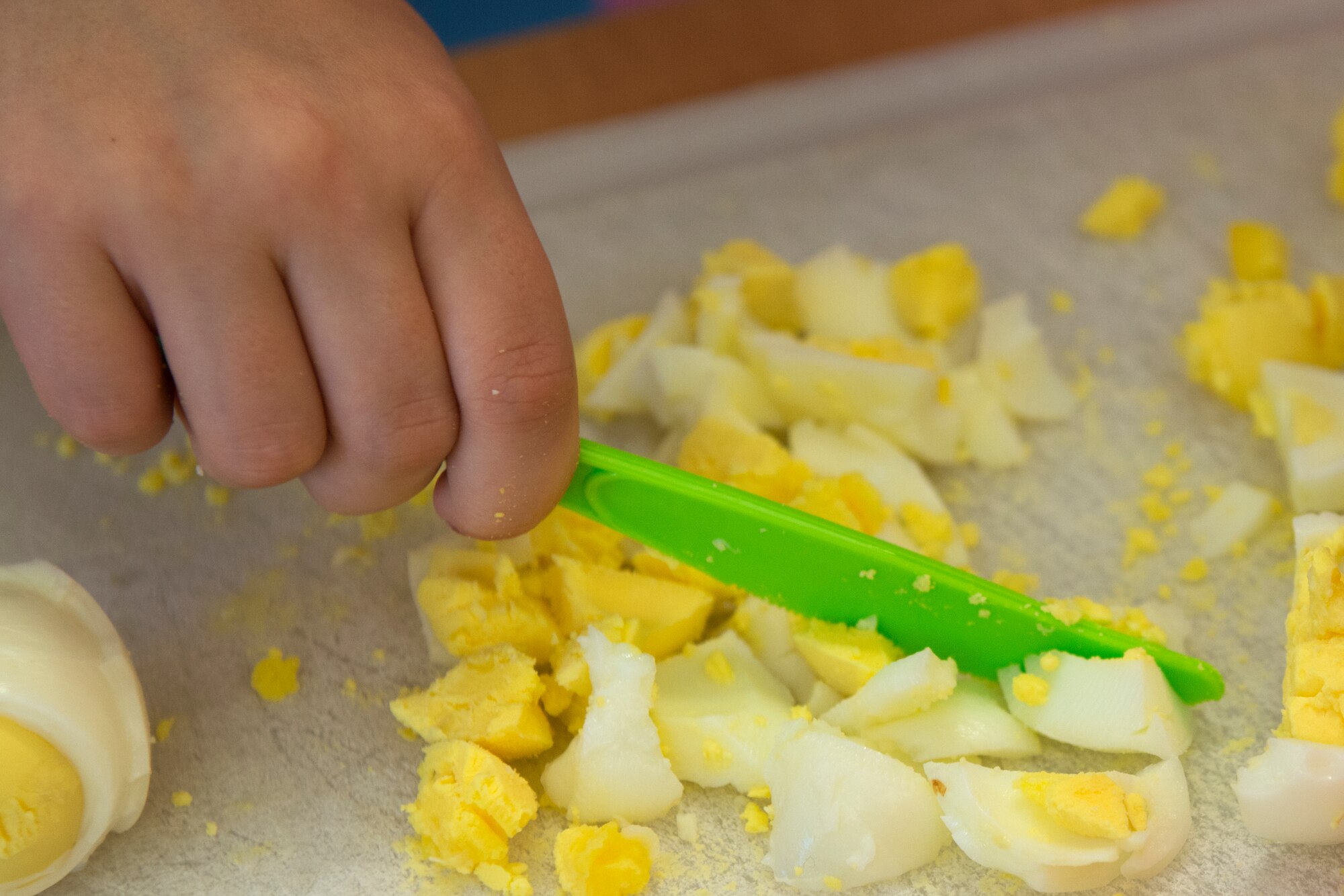 A child from Moody’s Youth Programs cuts up a hard-boiled egg for a family meal during Kids Eat Right Month, Aug. 13, 2015, at Moody Air Force Base, Ga. The children attended a nutrition class Aug. 10 to learn about healthy meal choices. (U.S. Air Force photo by Airman 1st Class Kathleen D. Bryant/Released)