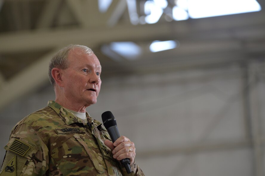Army Gen. Martin E. Dempsey, Chairman of the Joint Chiefs of Staff speaks during an all-call on Aug. 12, 2015, at Creech Air Force Base, Nevada. During his visit to Creech AFB, Dempsey and his wife Deanie toured the base to ask the Creech Airmen questions. (U.S. Air Force photo by Airman 1st Class Christian Clausen/Released) 