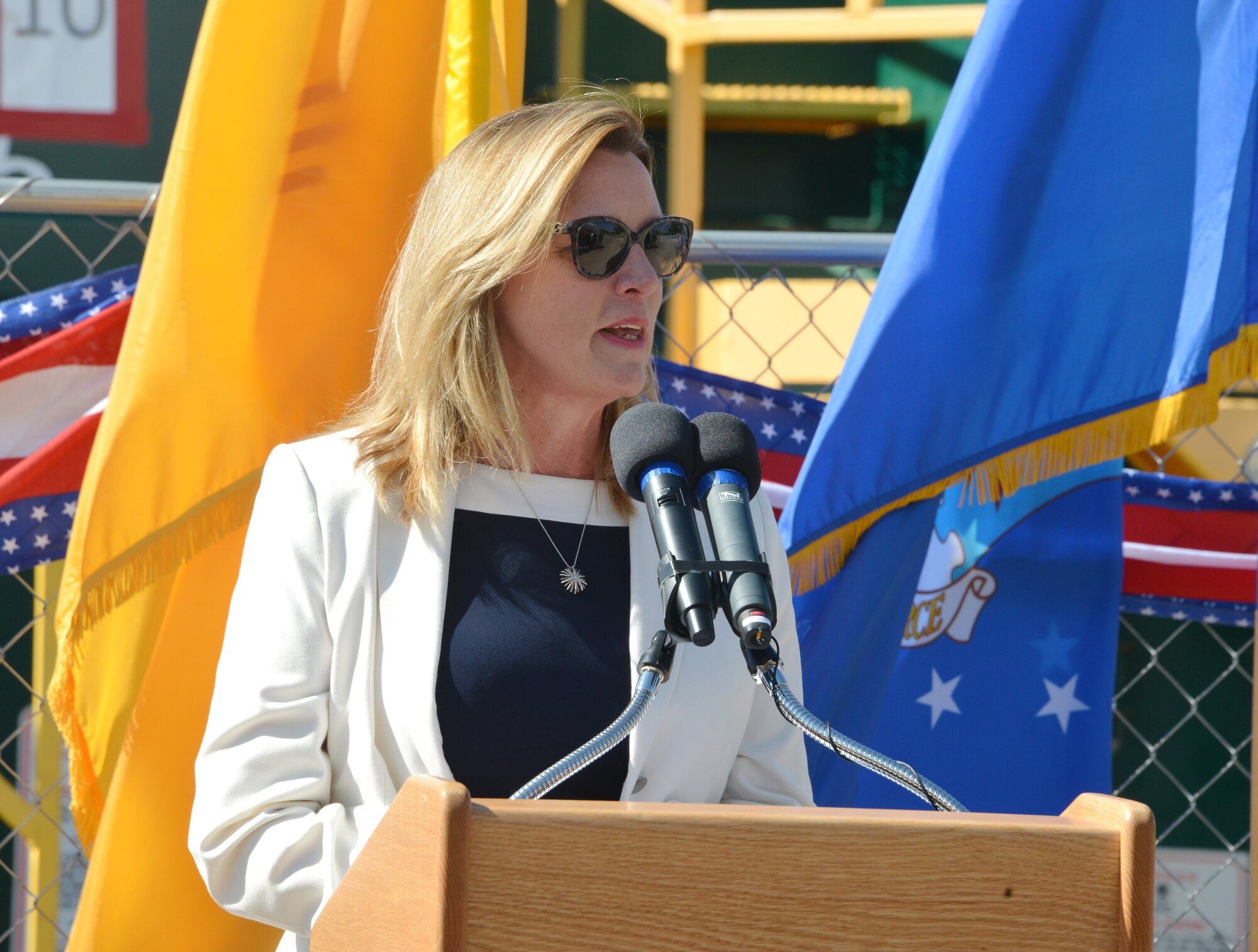 Secretary of the Air Force Deborah Lee James speaks to guests and media at Kirtland's bulk fuels facility milestone event Aug. 13. The event marked the installation of a pump-and-treat water system and the successful extraction and treatment of fuel contamination associated with a fuel leak discovered in 1999. The system has treated more than two million gallons of water. (Photo by Dennis Carlson)