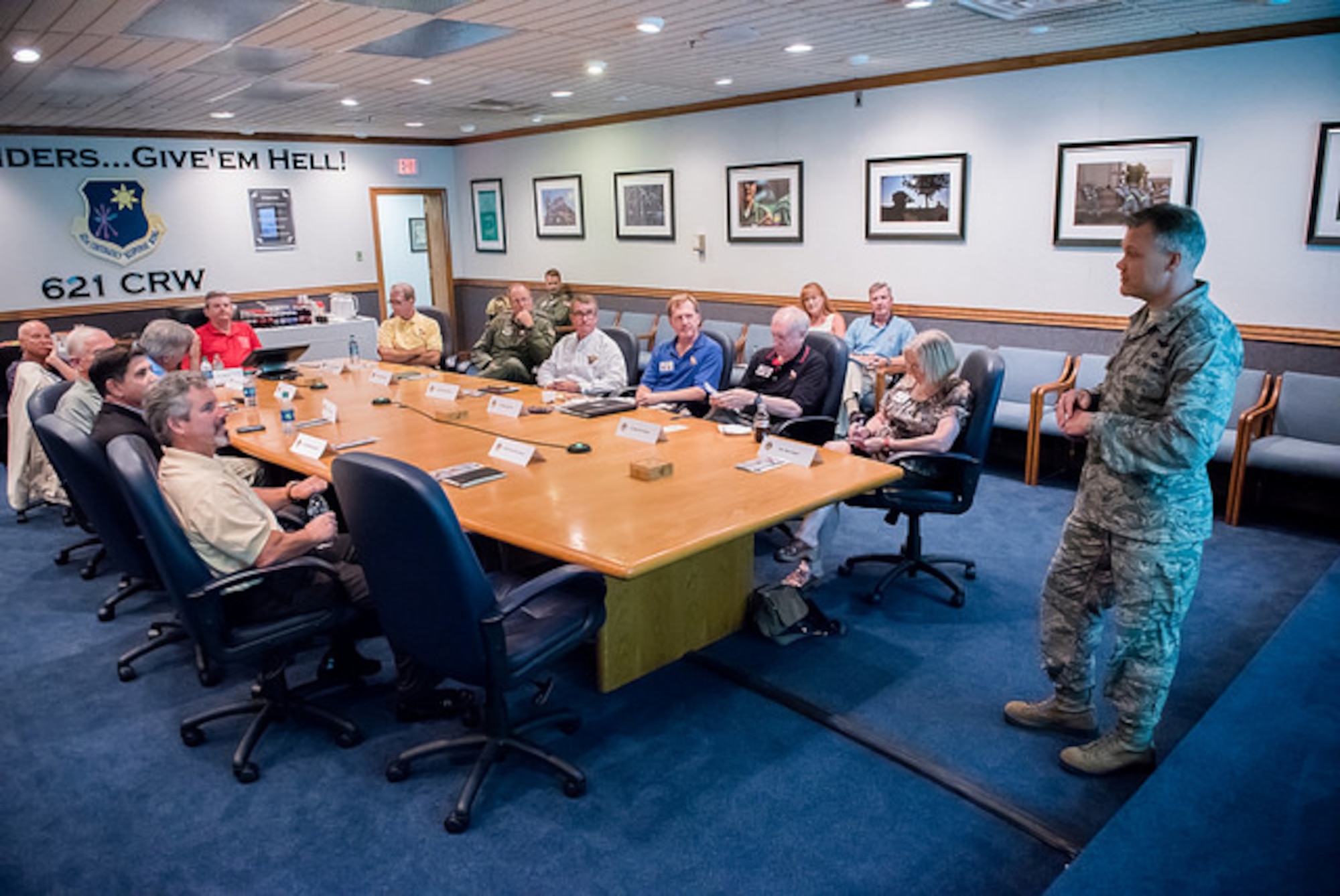 Brig. Gen. Timothy Gibson, U.S. Air Force Expeditionary Center vice commander, briefs visiting members of the Airlift/ Tanker Association during the national board meeting hosted here Aug. 11, 2015, at Joint Base McGuire-Dix-Lakehurst, N.J. Gibson and the leadership teams spoke on their respective mission areas and provided an overview of operations and key issues. (U.S. Air Force photo by Russ Meseroll/Released)